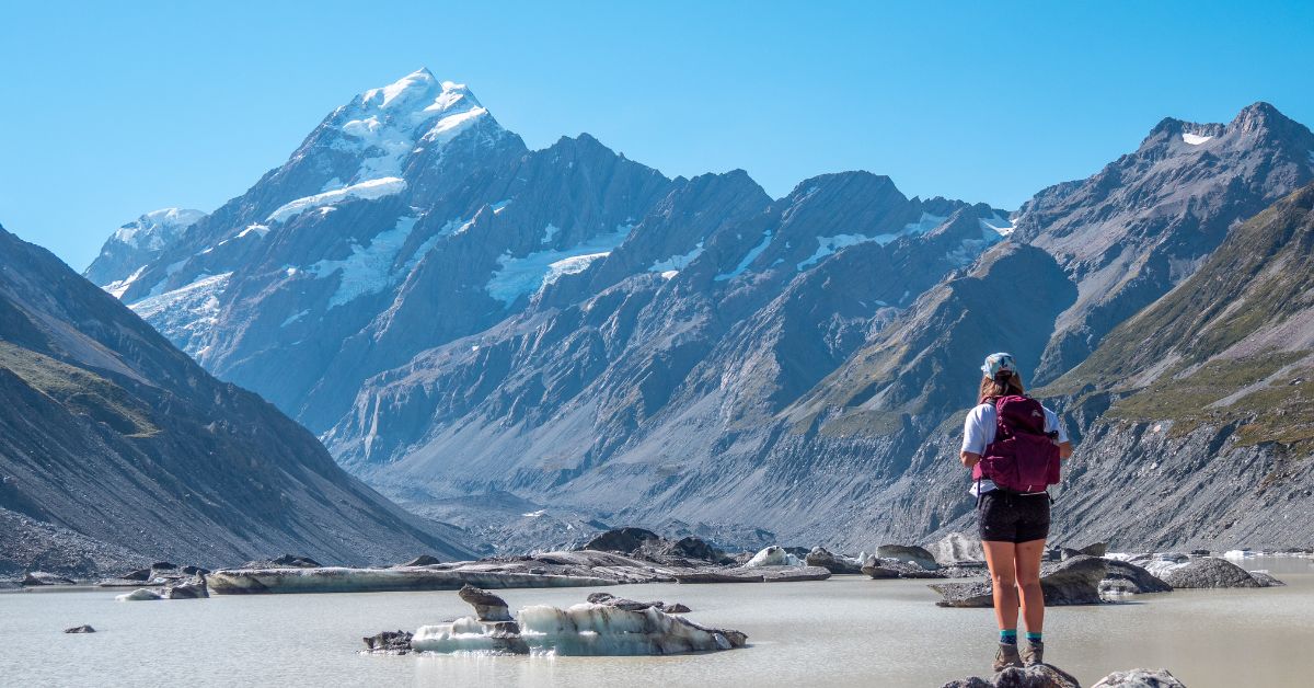 Hiker with backpack standing by a glacial lake surrounded by snow-capped mountains under clear sky.